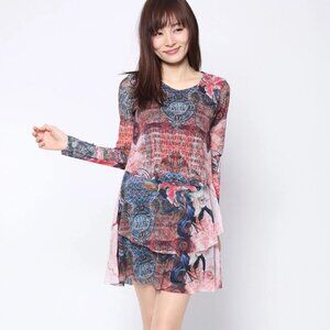 Desigual One Moment Abstract Mesh Layer Mini Dress Long Sleeve Multicolor
